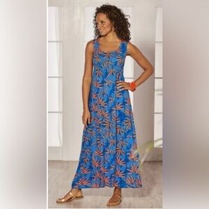 Soft Surroundings Ojai Palm Print Sleeveless Maxi Dress Blue Orange Size Medium